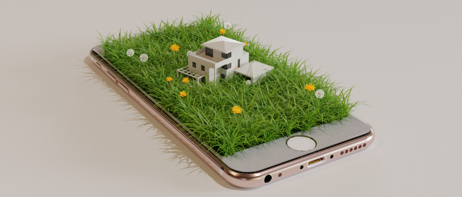 Ein 3D-Haus ragt aus einer Blumenwiese, die aus einem Handy wächst.